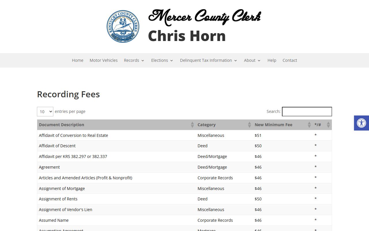 Mercer County court records recording fee schedule