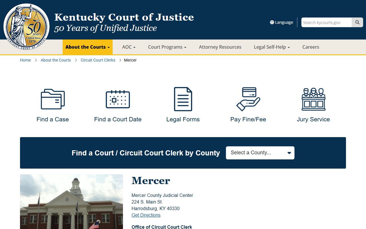 Mercer County Court records Kentucky Court of Justice county page